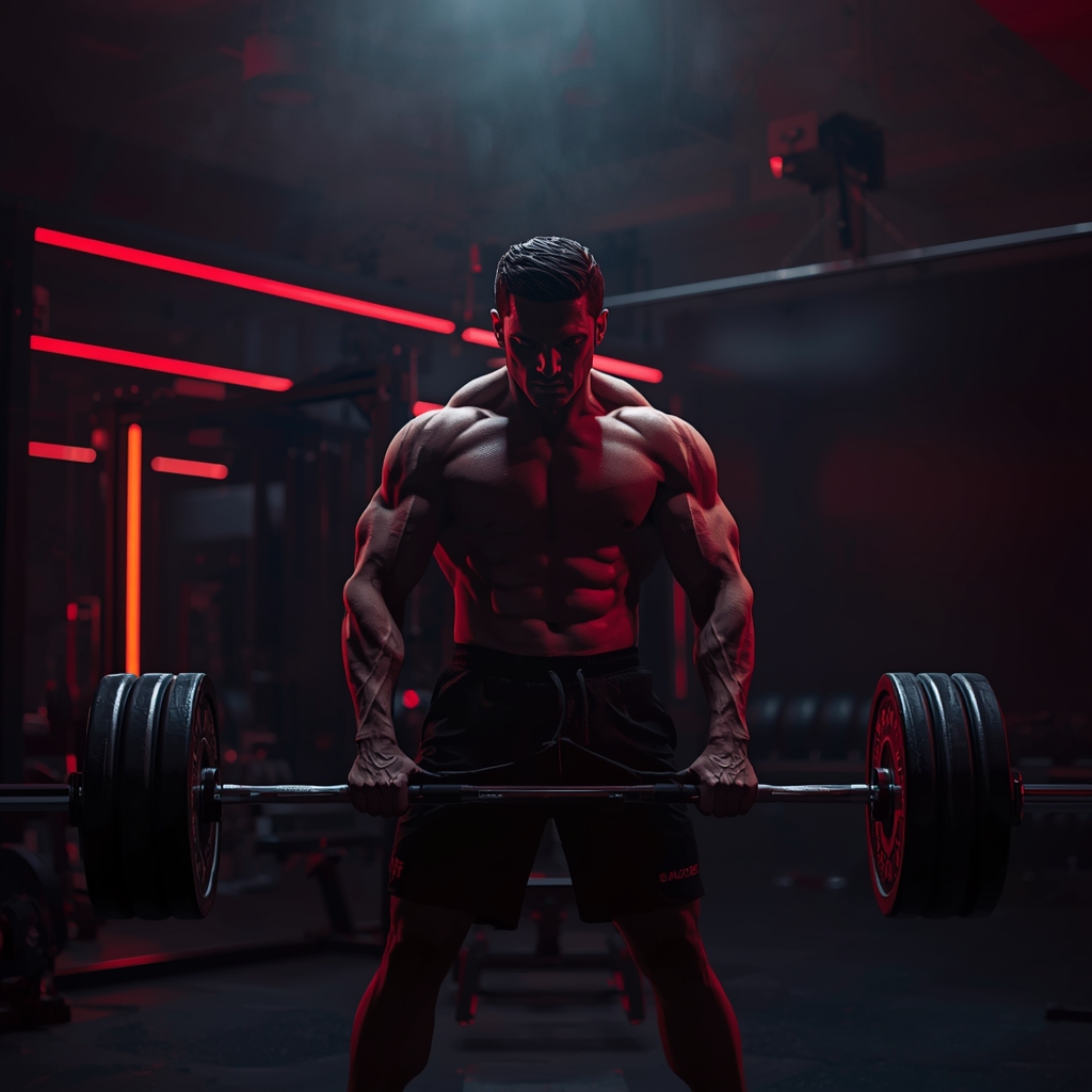 Prompt: A high-quality realistic photo of a heavily muscled male athlete lifting a heavy barbell in a dark, atmospheric premium gym with neon red accent lighting, high contrast cinematic Nano Banana2